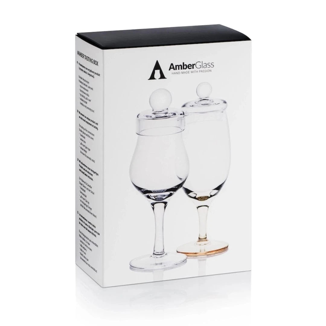 Amber Tasting Box – 2 Hand - Blown Whisky Glasses with Lids – Amber Glass - Mood4whisky