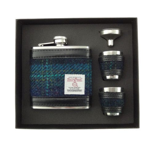 Glen Appin – Hip Flask Set – Harris Tweed – Blue Design - Mood4whisky
