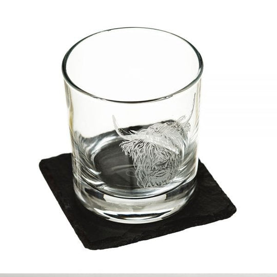 Just Slate Company – Whisky Tumbler Set – Engraved Highland Cow – Gift Set - Mood4whisky