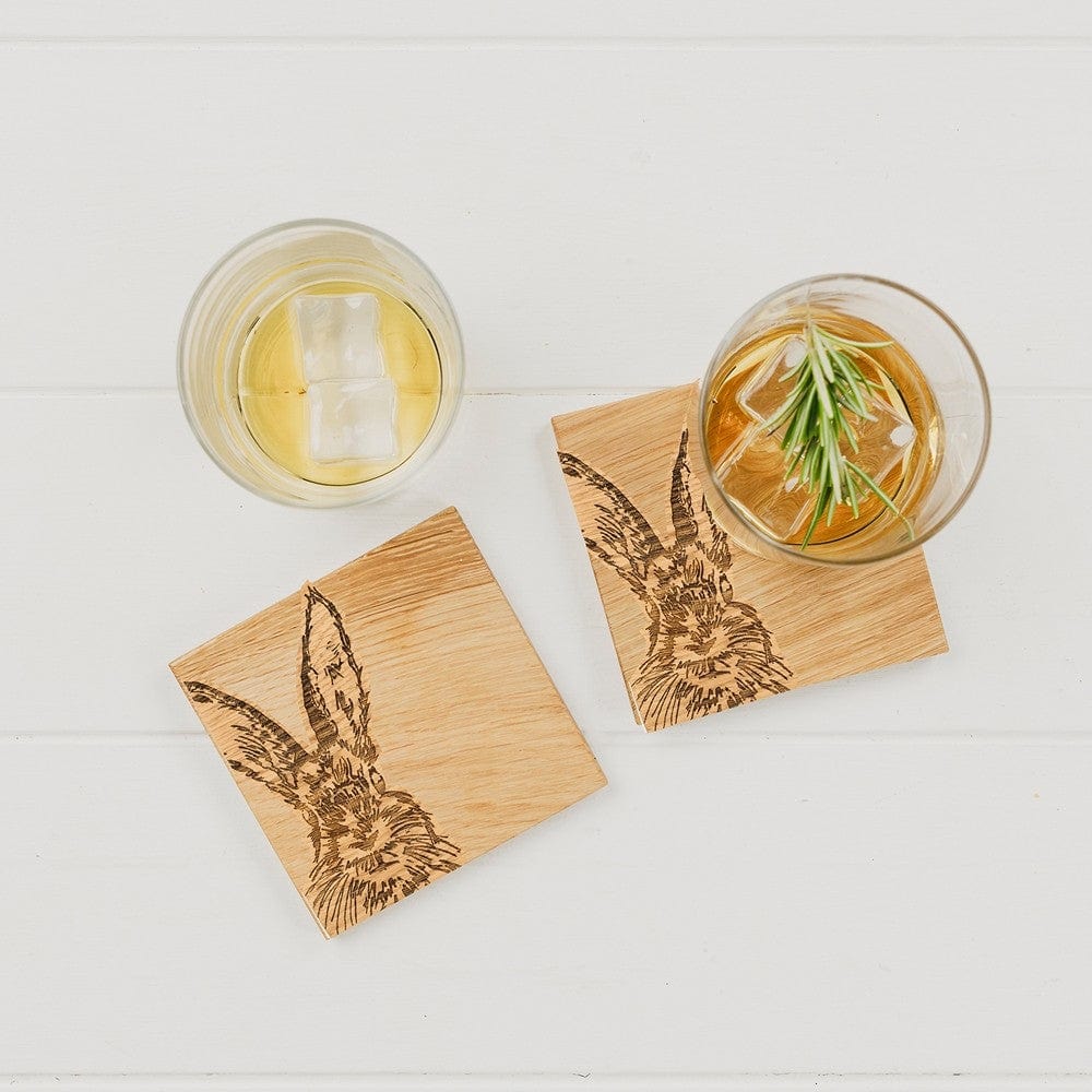 In this photo 2 Oak Coasters Hare Mood4Whisky