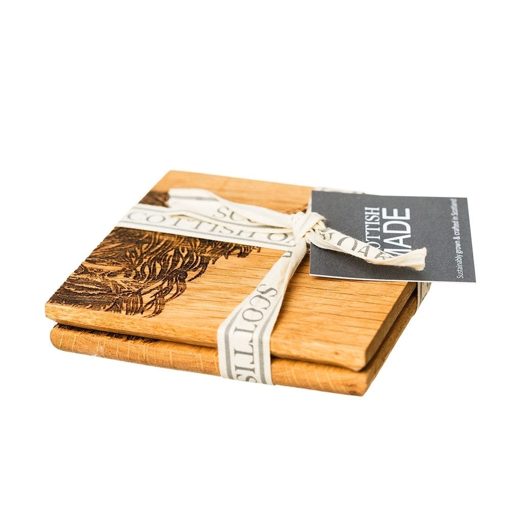 In this photo 2 Oak Coasters Highland Cow Mood4Whisky