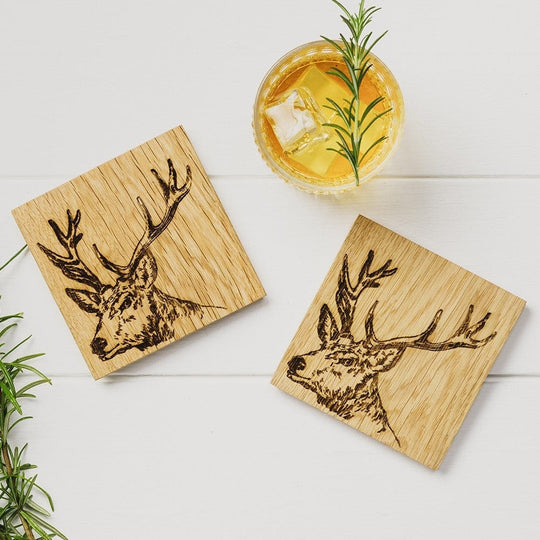 In this photo 2 Oak Coasters Stag Mood4Whisky