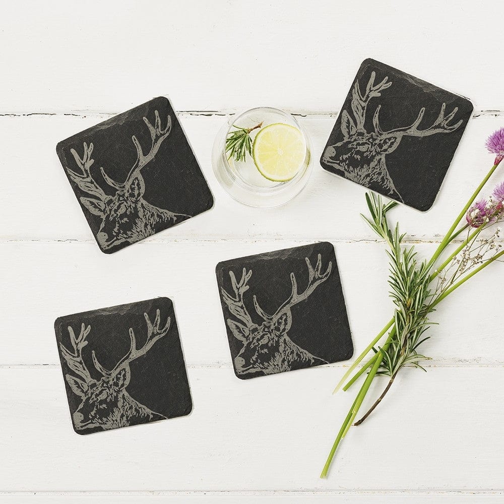 In this photo 4 Slate Coasters Stag Mood4Whisky