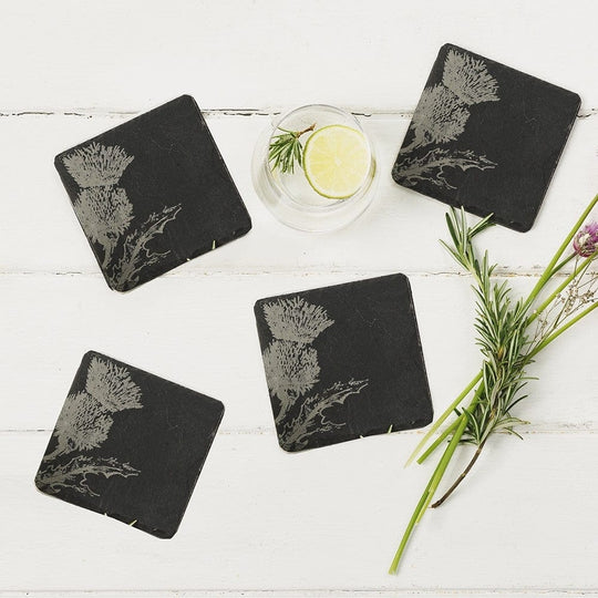 In this photo 4 Slate Coasters Thistle Mood4Whisky