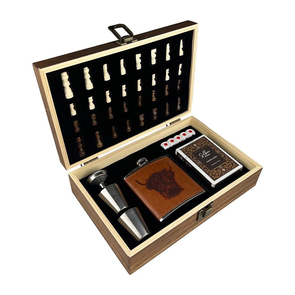 In this photo Highland Cow Engraved Hip Flask Game Set – Rugged Charm Meets Classic Fun Mood4whisky