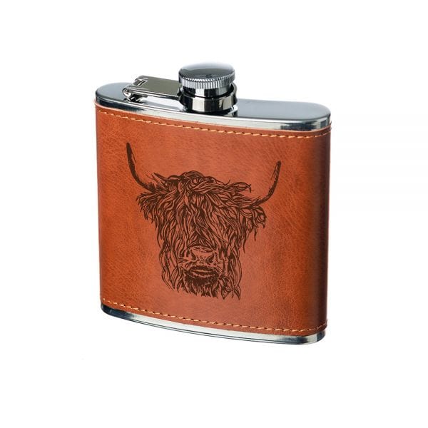 In this photo Hip Flask Highland Cow - Leather - Selbraehouse Scotland Mood4Whisky