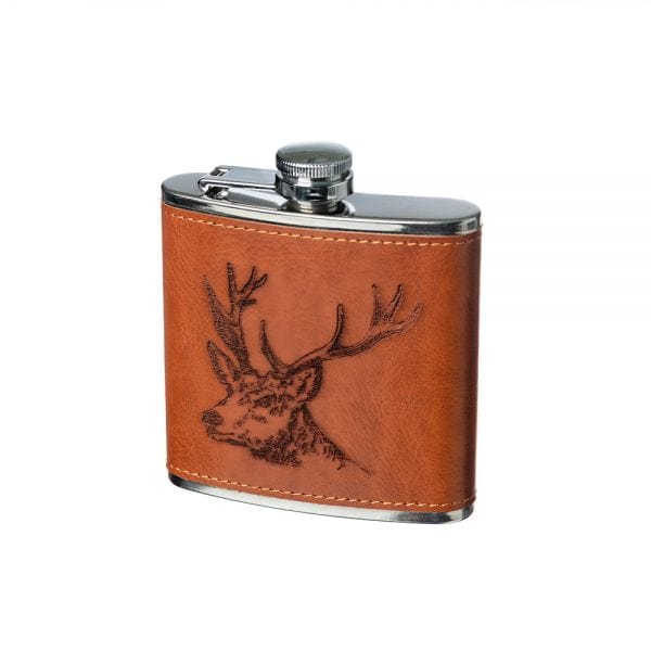 In this photo Hip Flask Stag - Leather - Selbraehouse Scotland Mood4Whisky