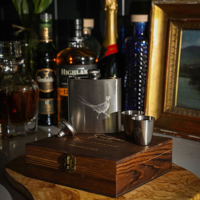 In this photo Metal Hip Flask Pheasant - Luxury Set - Metal Engraved - Selbraehouse Scotland Mood4Whisky