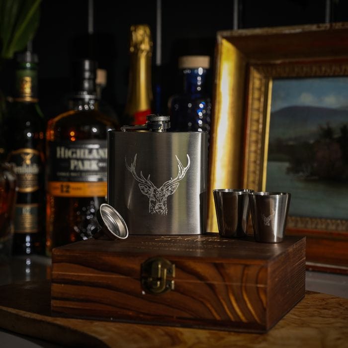In this photo Metal Hip Flask Stag - Luxury Set - Metal Engraved - Selbraehouse Scotland Mood4Whisky