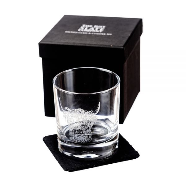 In this photo Tumbler & Slate Coaster Gift Set Highland Cow Mood4Whisky