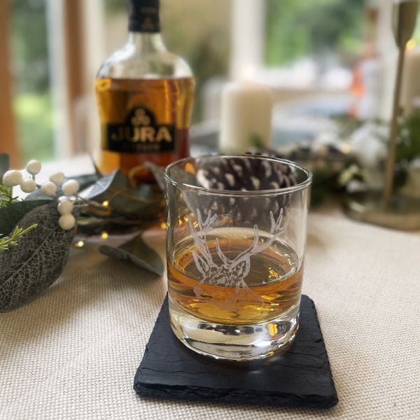 In this photo Tumbler & Slate Coaster Gift Set Stag Mood4Whisky