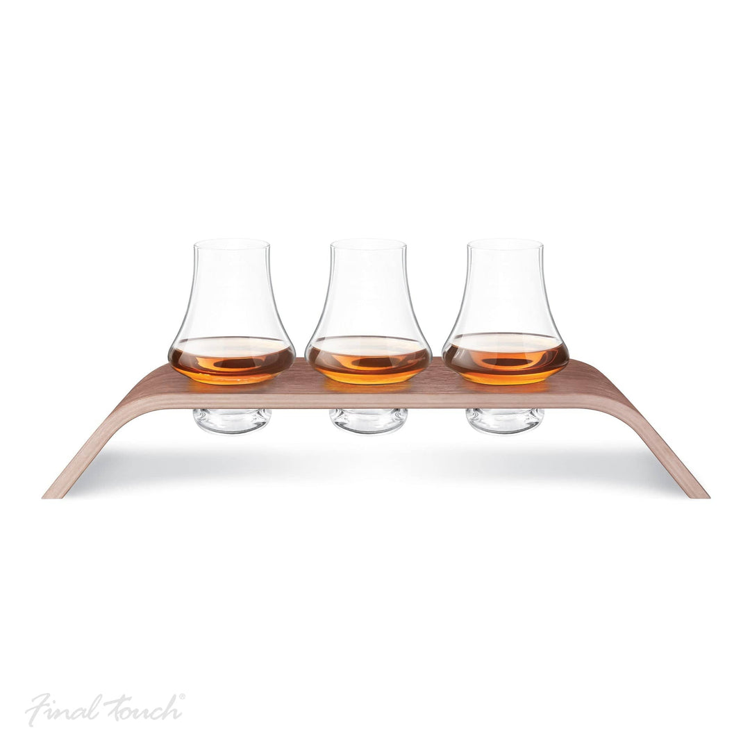 In this photo Whiskey Glass Flight Tasting set - 3 tasting glasses and wood levitation stand - Final Touch Mood4whisky