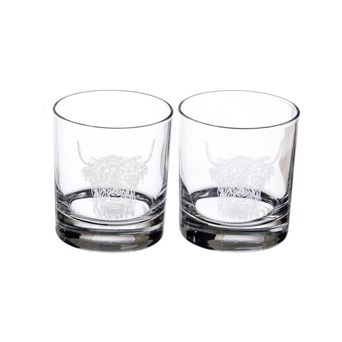 In this photo Whisky Glass Engraved Highland Cow 2 Pieces - Just Slate Company Scotland Mood4whisky